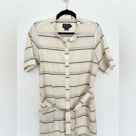 Pendleton Ivory Blue Striped Short Sleeve Wool Button Down Maxi Dress Sz M Belt - Picture 4 of 12